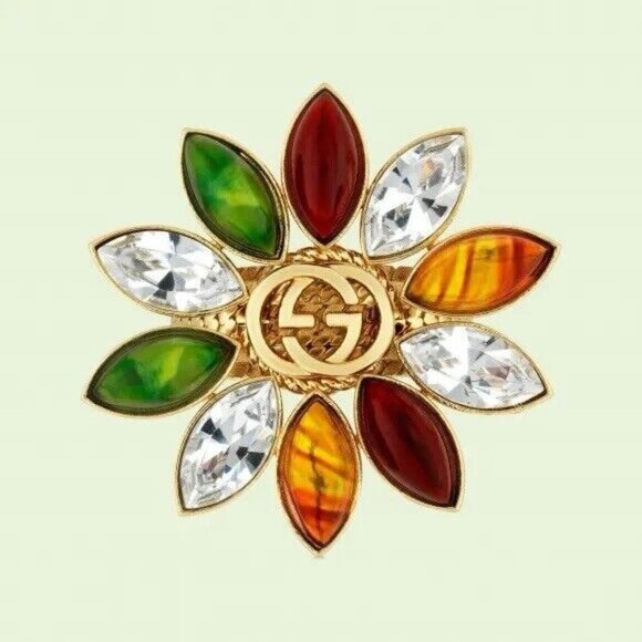New GUCCI RING FLOWER CRYSTAL GG SIZE XS GOLDEN MULTICOLOR - Picture 1 of 8
